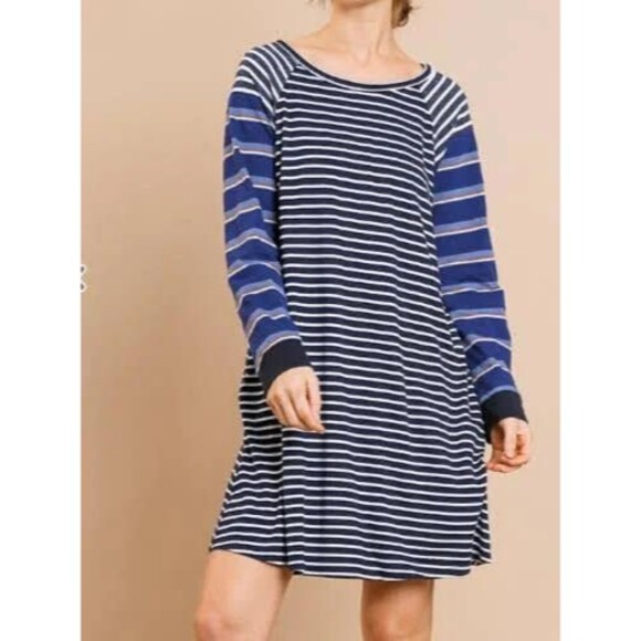 NWT Umgee Large Colorful Striped Cotton Blend Knit Long Sleeve Dress - Picture 2 of 4